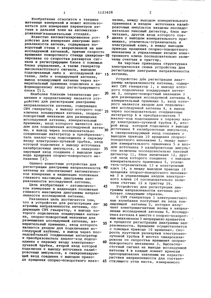 Устройство для регистрации диаграммы направленности антенны (патент 1121628)