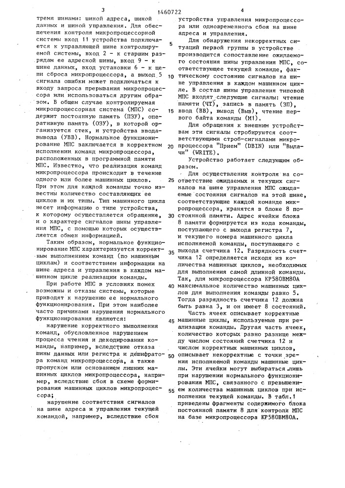 Устройство для контроля микропроцессорной системы (патент 1460722)