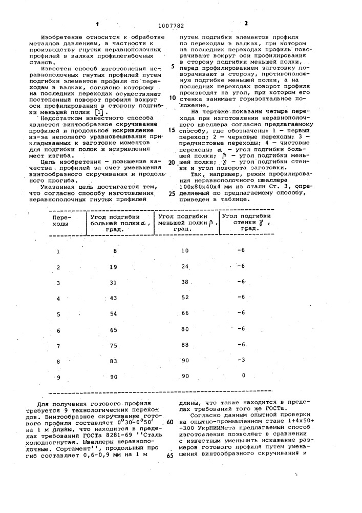 Способ изготовления неравнополочных гнутых профилей (патент 1007782)