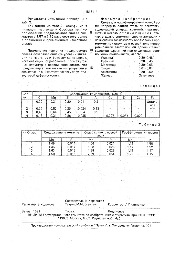 Сплав для модифицирования осевой зоны непрерывнолитой стальной заготовки (патент 1813114)