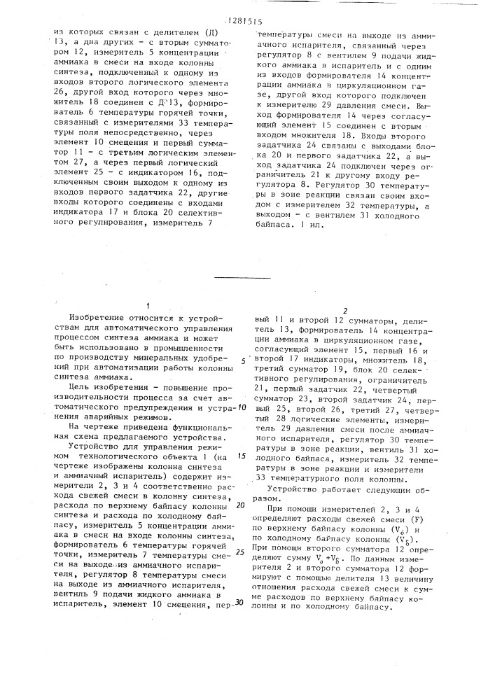 Устройство для автоматического управления процессом синтеза аммиака (патент 1281515)