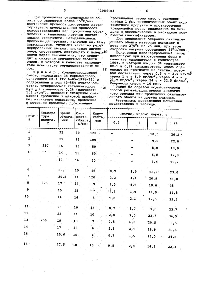 Способ термической регенерации отработанных холоднотвердеющих смесей на карбамидном связующем (патент 1084104)