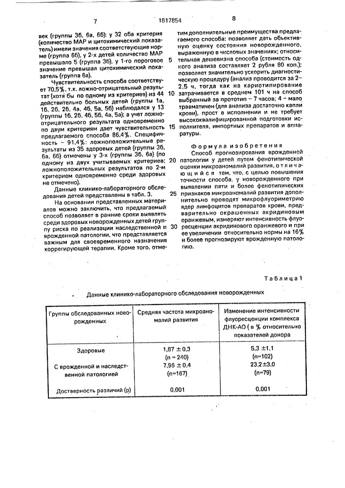Способ прогнозирования врожденной патологии у детей (патент 1817854)