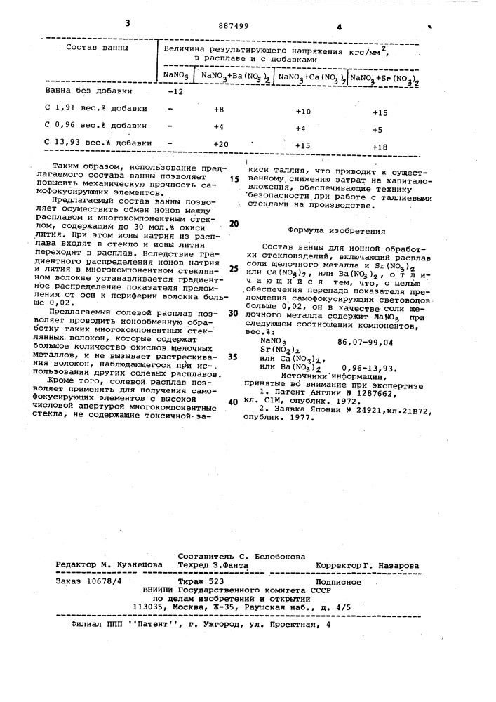 Состав ванны для ионной обработки стеклоизделий (патент 887499)