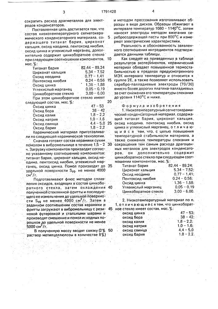 Низкотемпературный сегнетокерамический конденсаторный материал (патент 1791428)