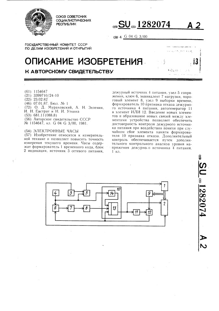 Электронные часы (патент 1282074)