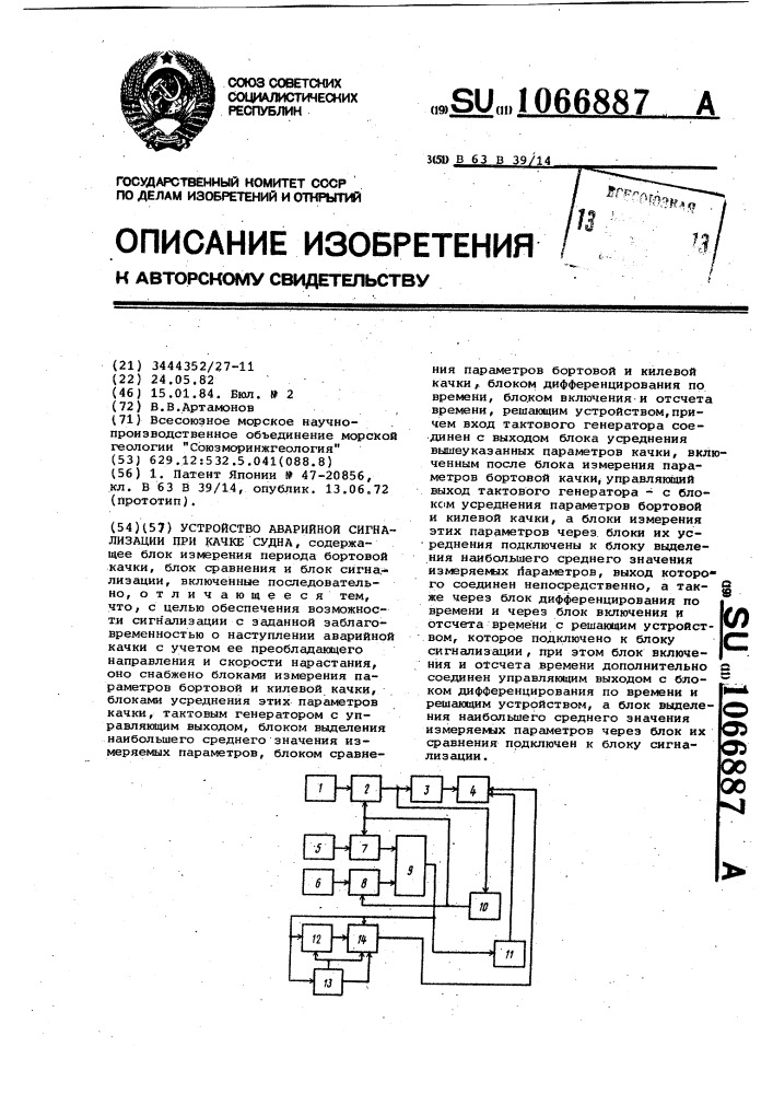 Устройство аварийной сигнализации при качке судна (патент 1066887)