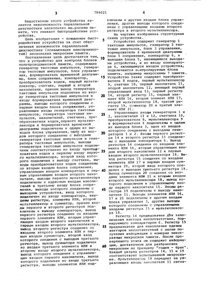 Устройство для контроля блоковполупроводниковой памяти (патент 799021)