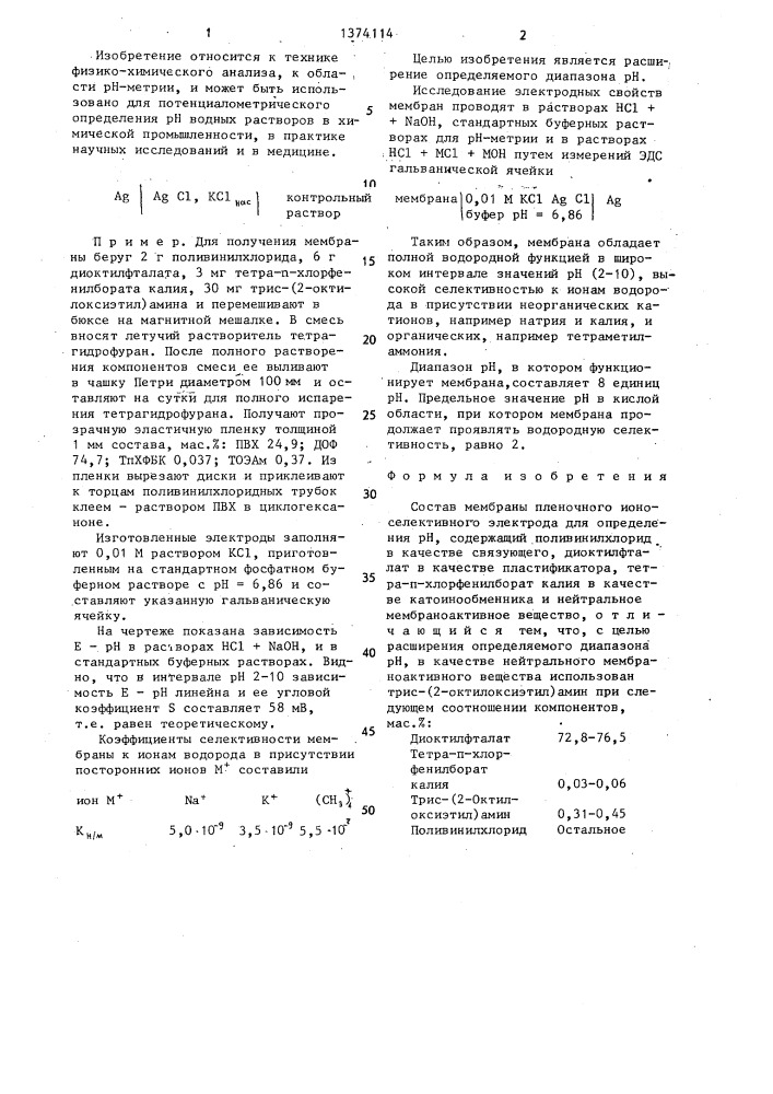 Состав мембраны пленочного ионоселективного электрода для определения @ н (патент 1374114)