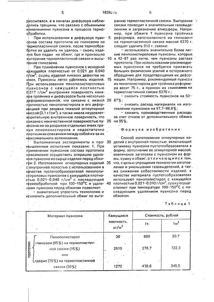 Способ изготовления огнеупорных изделий с внутренней полостью (патент 1838275)