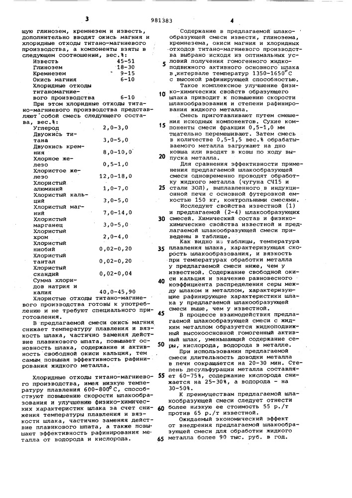 Шлакообразующая смесь для рафинирования жидкого металла (патент 981383)