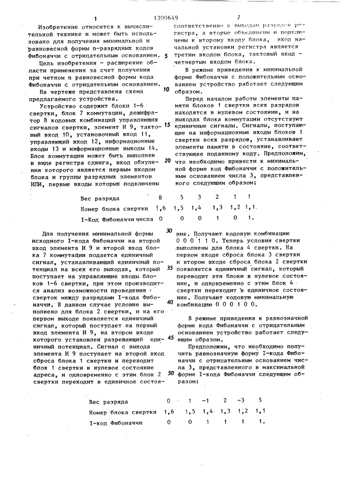 Устройство для приведения @ -разрядных кодов фибоначчи к минимальной форме (патент 1300649)