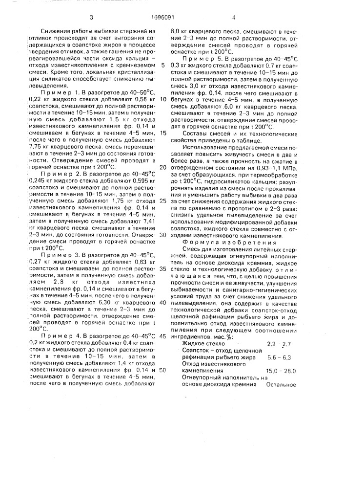 Смесь для изготовления литейных стержней (патент 1696091)