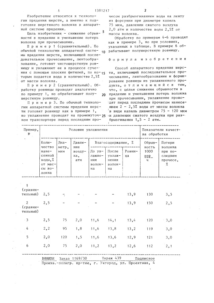 Способ аппаратного прядения шерсти (патент 1381217)