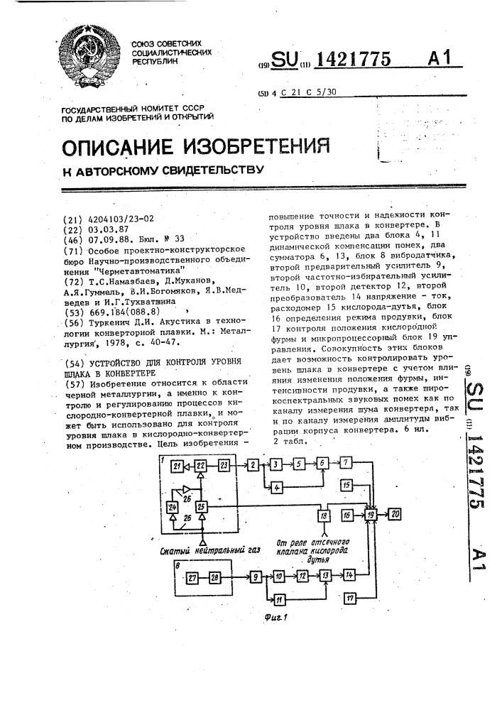 Устройство для контроля уровня шлака в конвертере (патент 1421775)