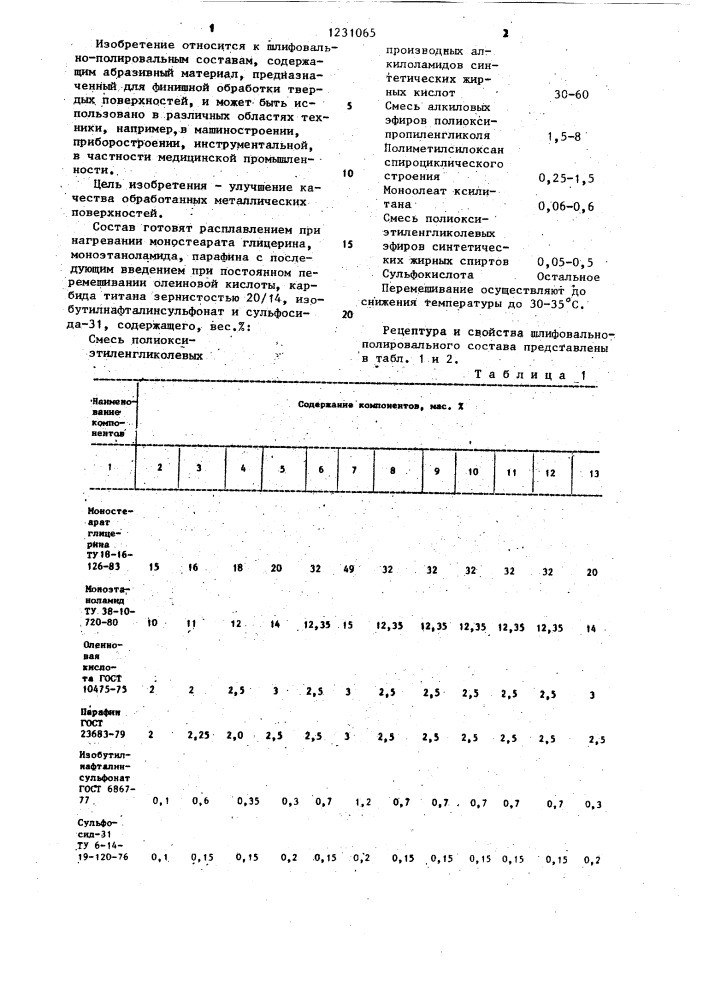 Шлифовально-полировальный состав "тшпс-1 (патент 1231065)