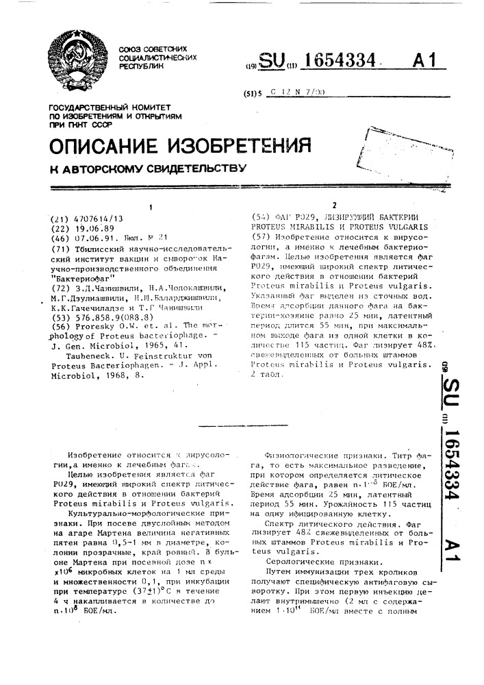 Фаг ро29, лизирующий бактерии рrотеus мirавilis и рrотеus vulgaris (патент 1654334)