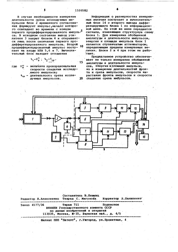 Измеритель параметров импульсов (патент 1100582)