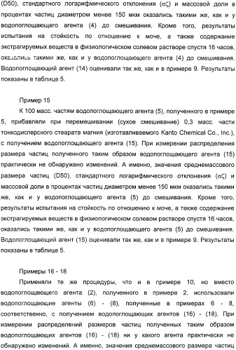 Водопоглощающий агент в виде частиц, содержащий в качестве основного компонента водопоглощающую смолу (варианты), поглощающее изделие на его основе и варианты способа получения водопоглощающего агента (патент 2338763)