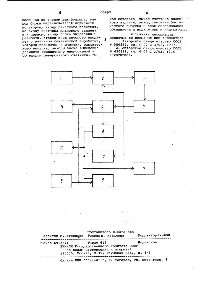 Устройство для контроля выполнения плана (патент 855697)