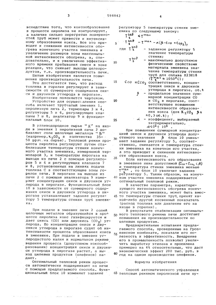 Способ автоматического управления тепловым режимом пиролизной печи (патент 598842)