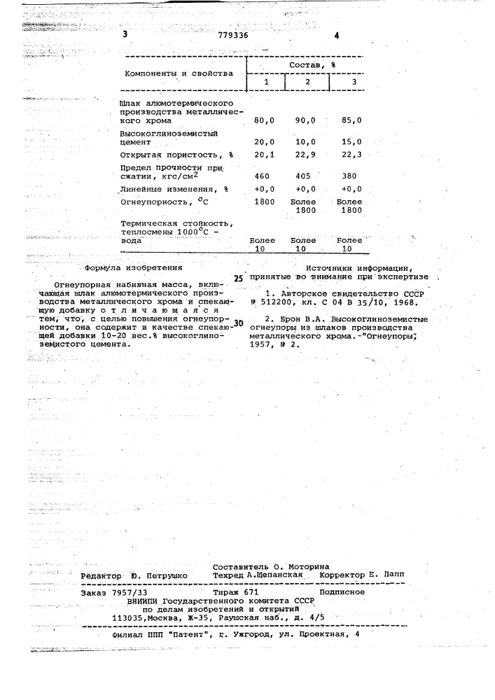 Огнеупорная набивная масса (патент 779336)
