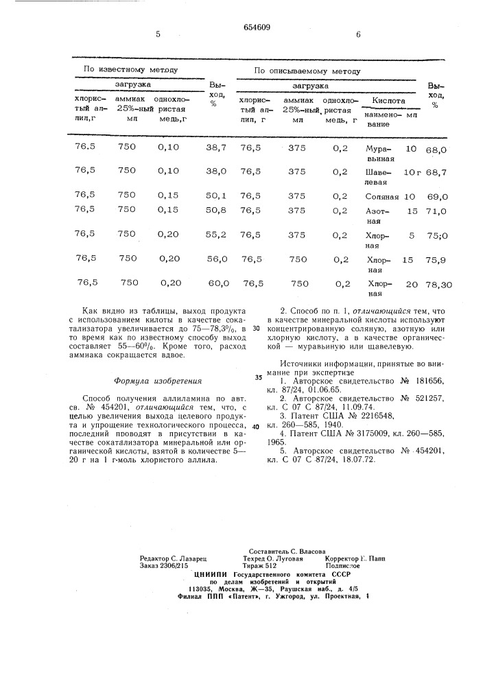 Способ получения аллиламина (патент 654609)