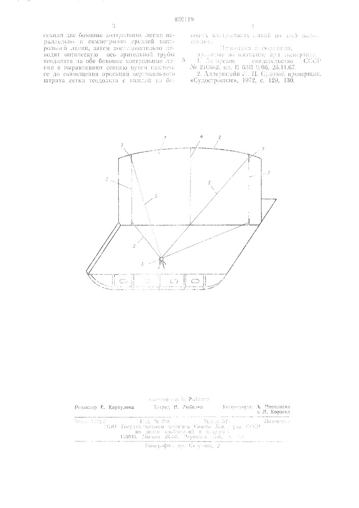 Способ проверки вертикальности секций корпуса судна на горизонтальном стапеле (патент 630119)
