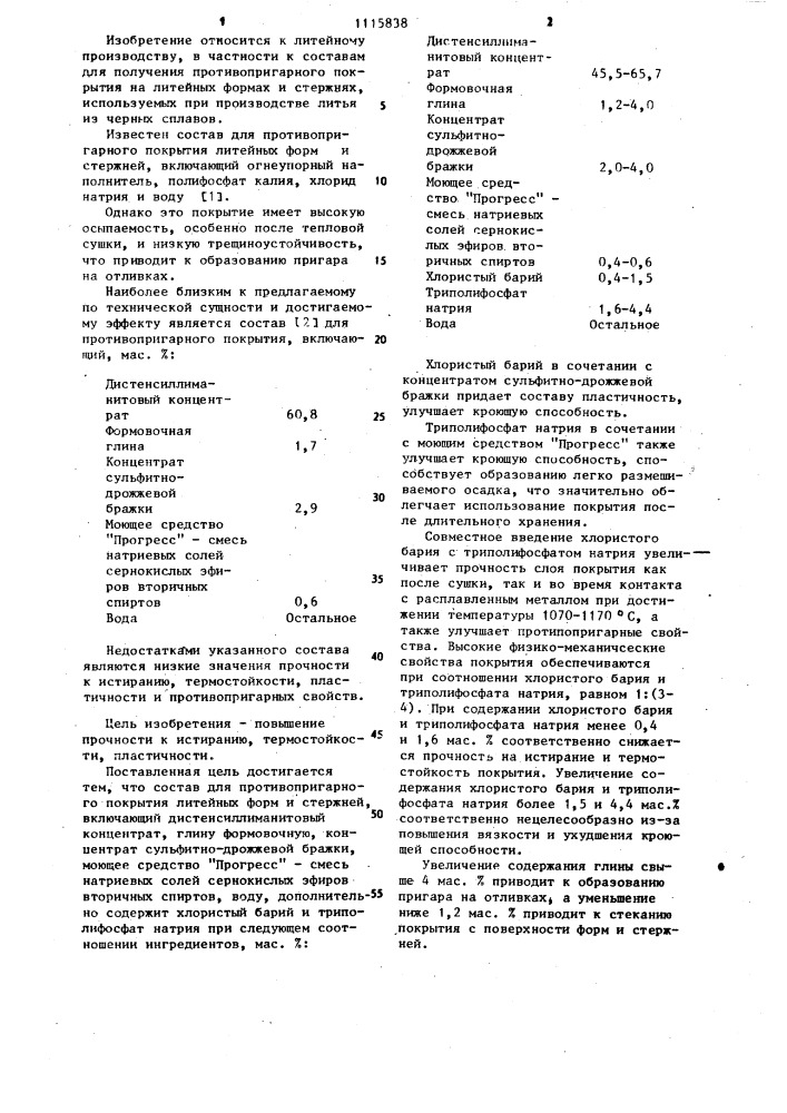 Состав для противопригарного покрытия литейных форм и стержней (патент 1115838)