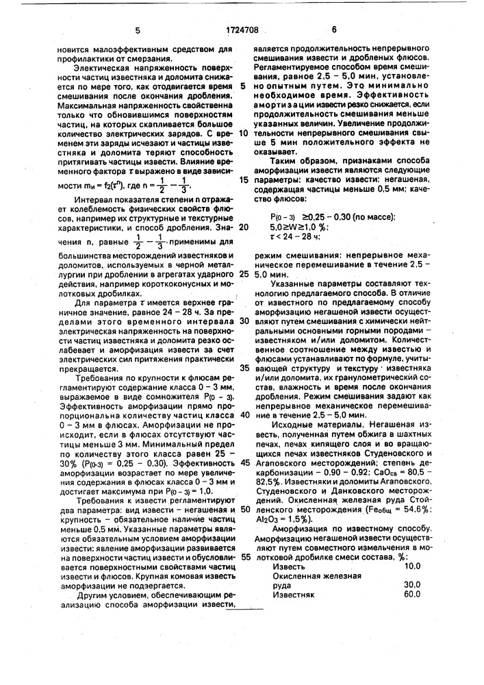Способ аморфизации негашеной извести (патент 1724708)
