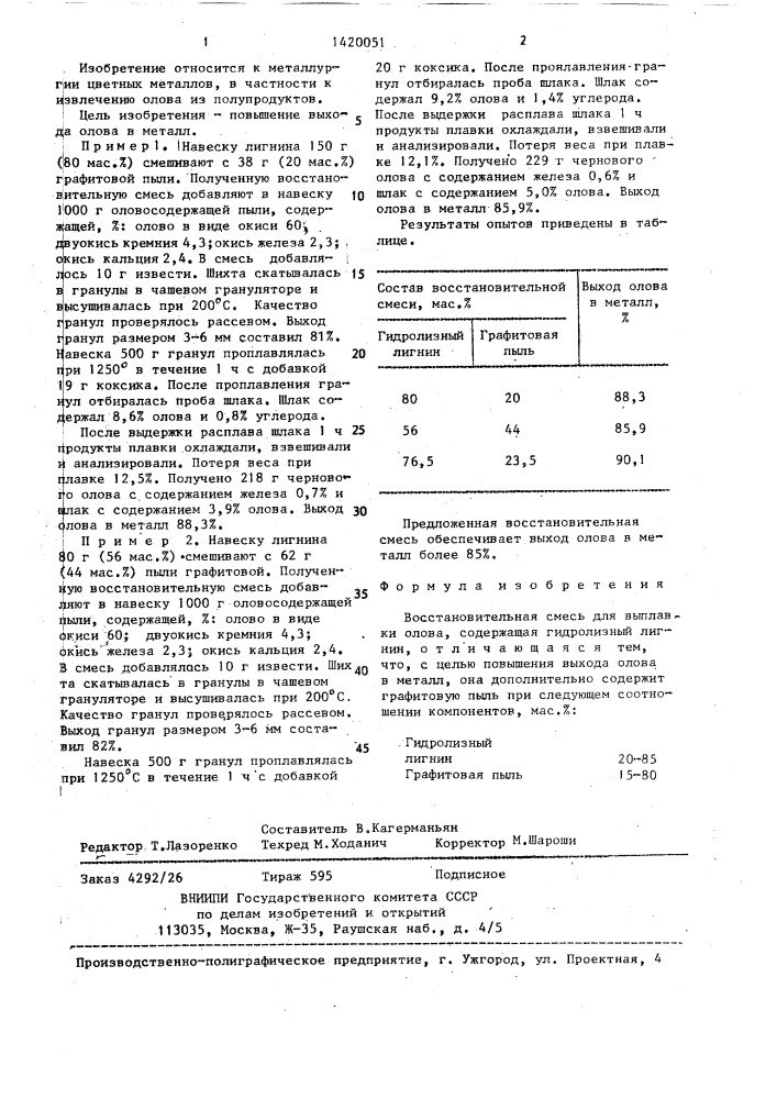 Восстановительная смесь для выплавки олова (патент 1420051)