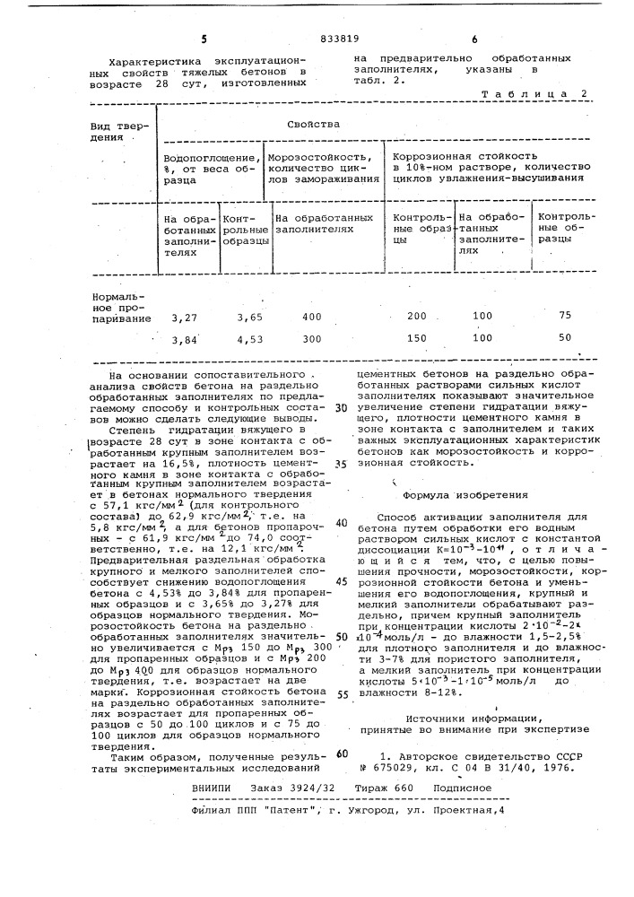 Способ активации заполнителядля бетона (патент 833819)