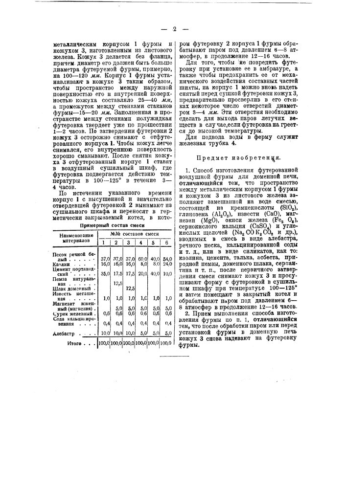 Способ изготовления футерованной воздушной фурмы для доменной печи (патент 39790)