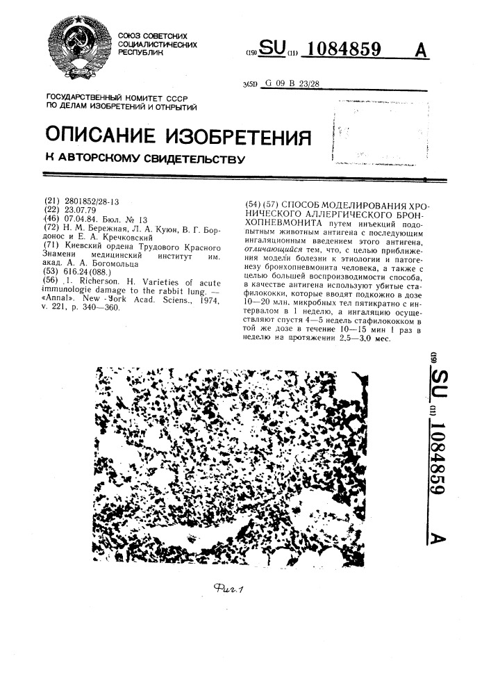 Способ моделирования хронического аллергического бронхопневмонита (патент 1084859)