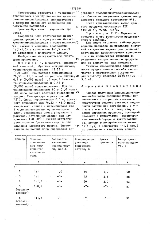 Способ получения диаллилдиметиламмонийхлорида (патент 1279984)