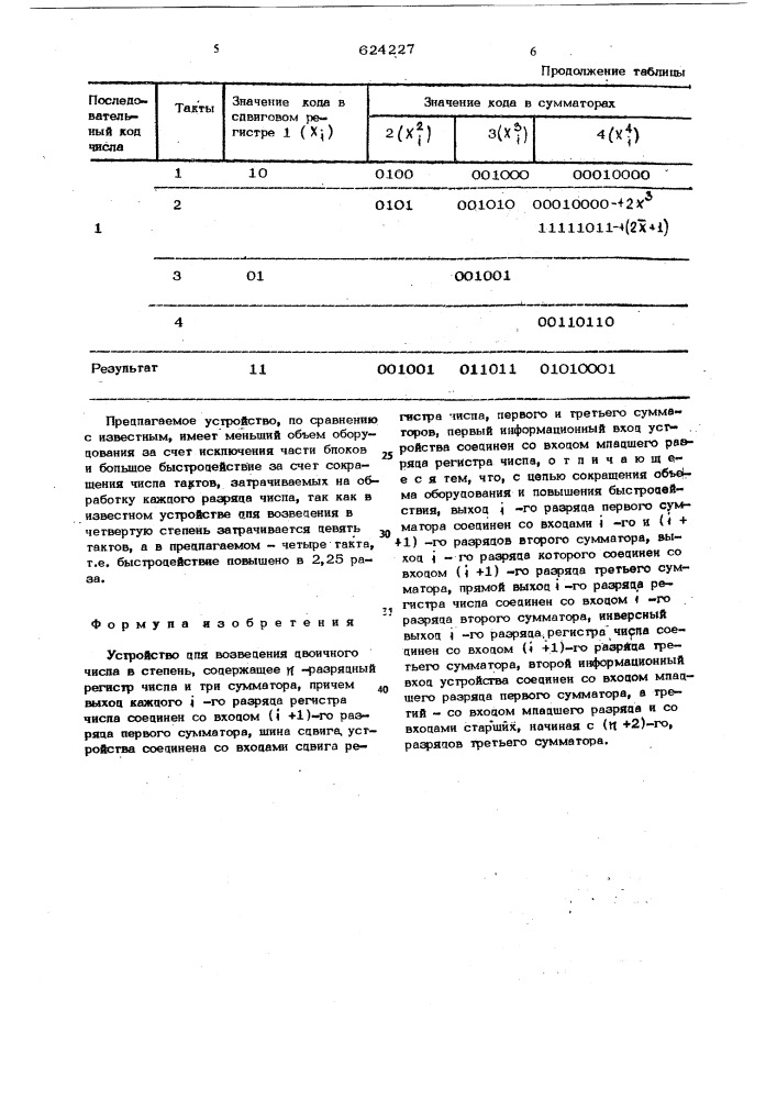 Устройство для возведения двоичного числа в степень (патент 624227)