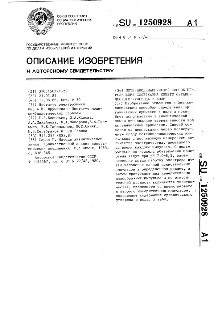 Потенциодинамический способ определения содержания общего органического углерода в воде (патент 1250928)