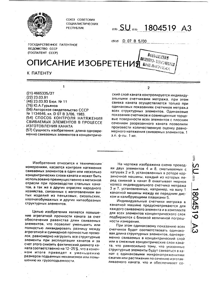Способ контроля натяжения свиваемых элементов в процессе изготовления каната (патент 1804519)