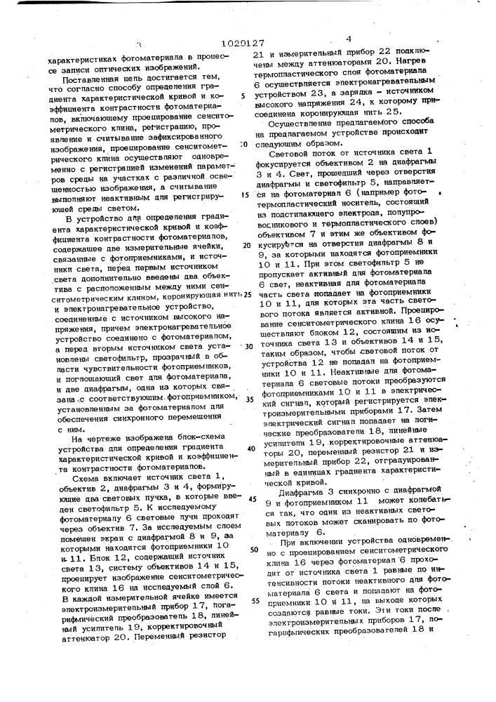 Способ определения градиента характеристической кривой и коэффициента контрастности фотоматериалов и устройство для его осуществления (патент 1029127)