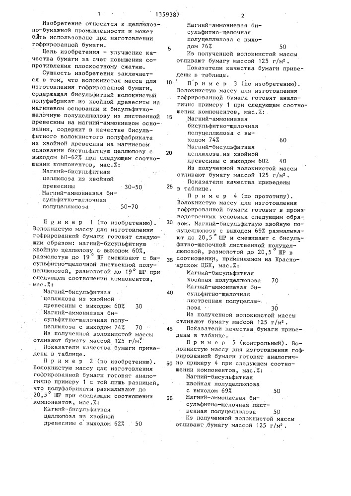 Волокнистая масса для изготовления гофрированной бумаги (патент 1359387)