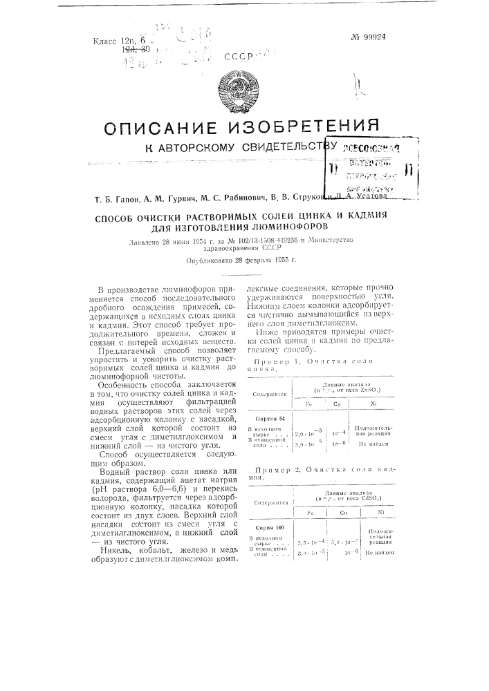 Способ очистки растворимых солей цинка и кадмия для изготовления люминофоров (патент 99924)