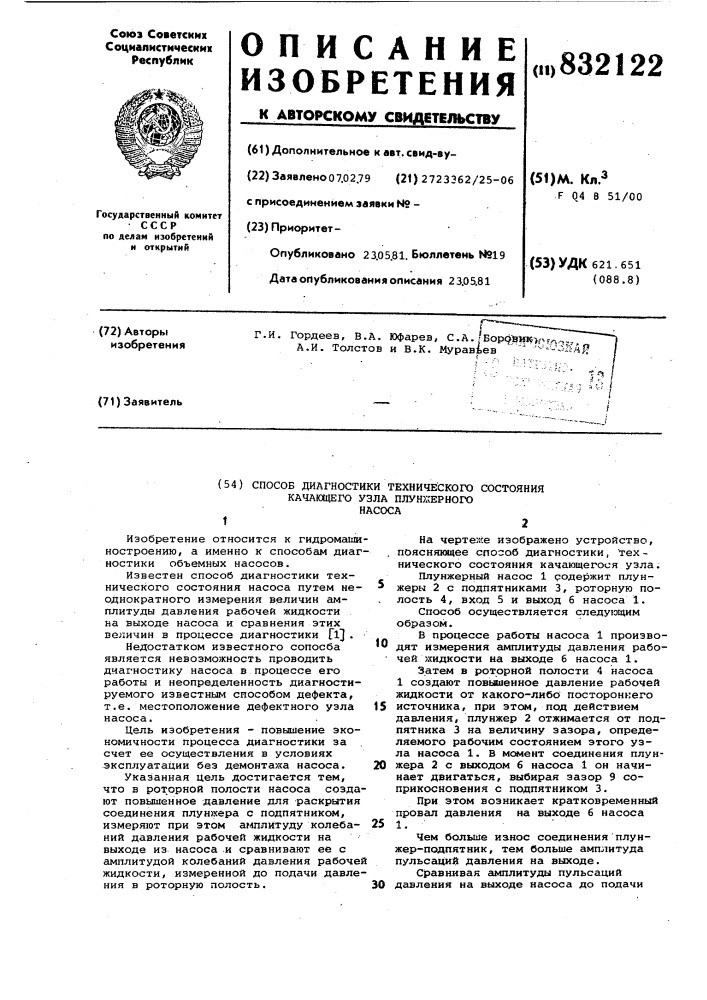 Способ диагностики технического сос-тояния качающего узла плунжерногонасоса (патент 832122)