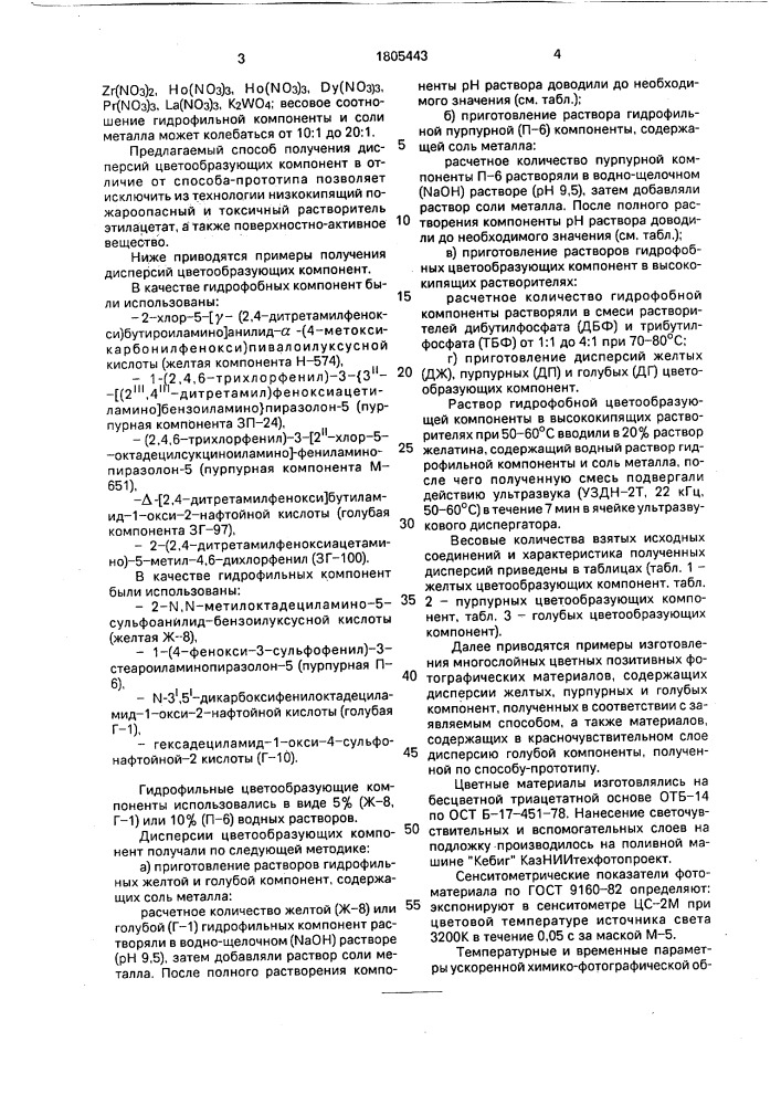 Способ получения дисперсий, содержащих гидрофобные и гидрофильные цветообразующие компоненты для цветных кинофотоматериалов (патент 1805443)
