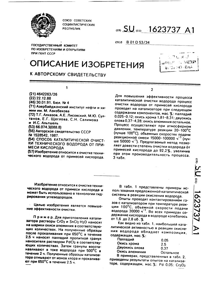 Способ каталитической очистки технического водорода от примеси кислорода (патент 1623737)