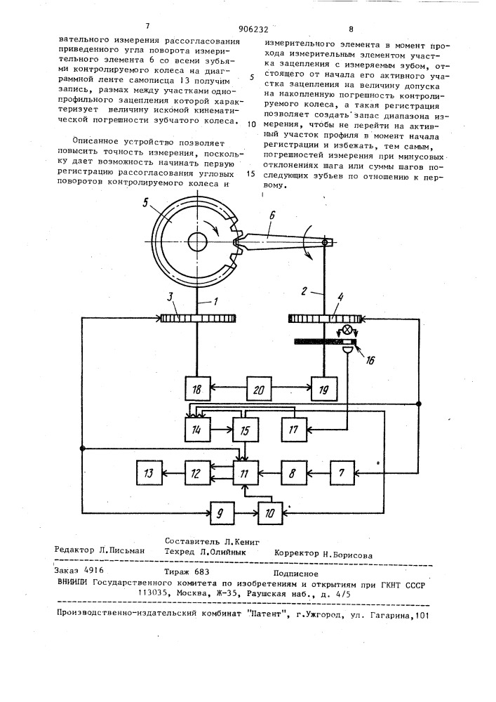 Устройство для определения прерывной кинематической погрешности зубчатых колес (патент 906232)