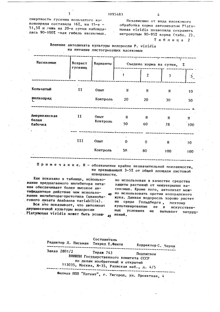 Ингибитор питания чешуекрылых насекомых (патент 1095483)