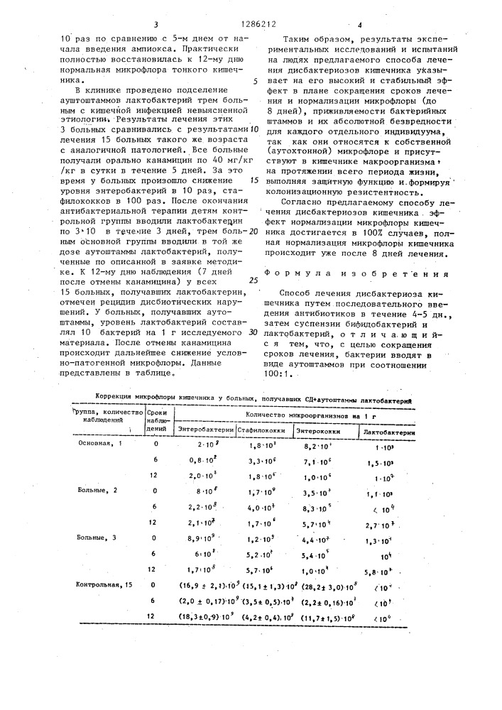 Способ лечения дисбактериоза кишечника (патент 1286212)