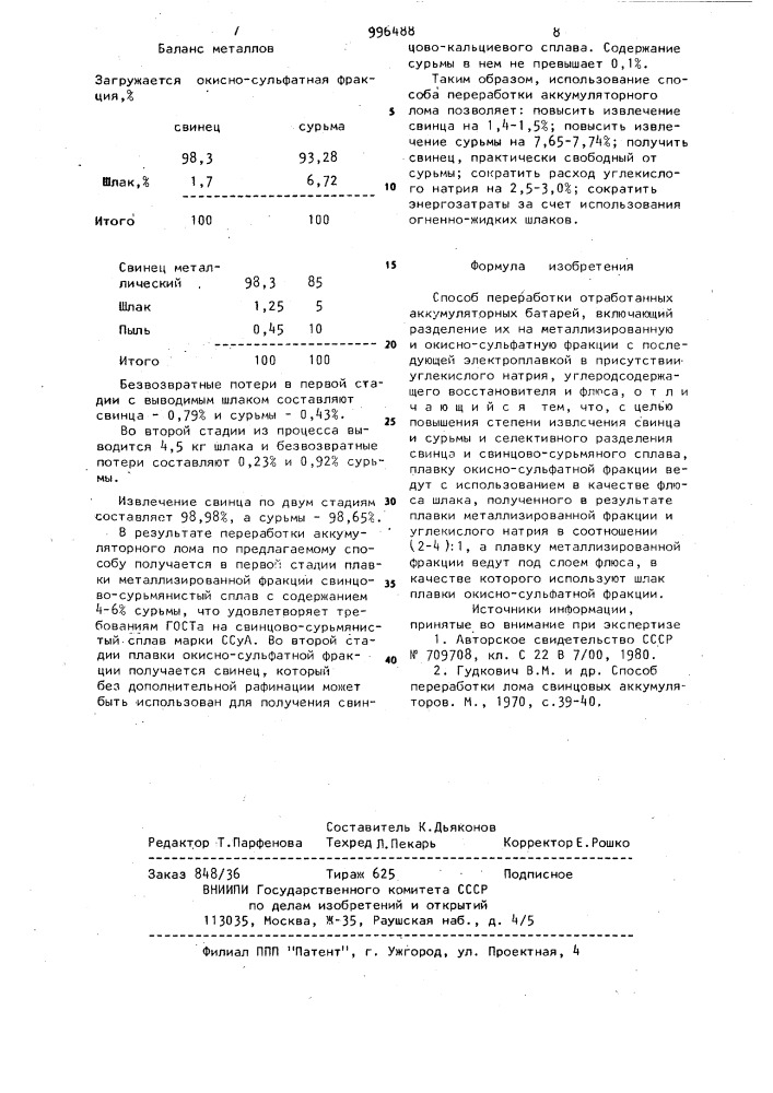 Способ переработки отработанных аккумуляторных батарей (патент 996488)