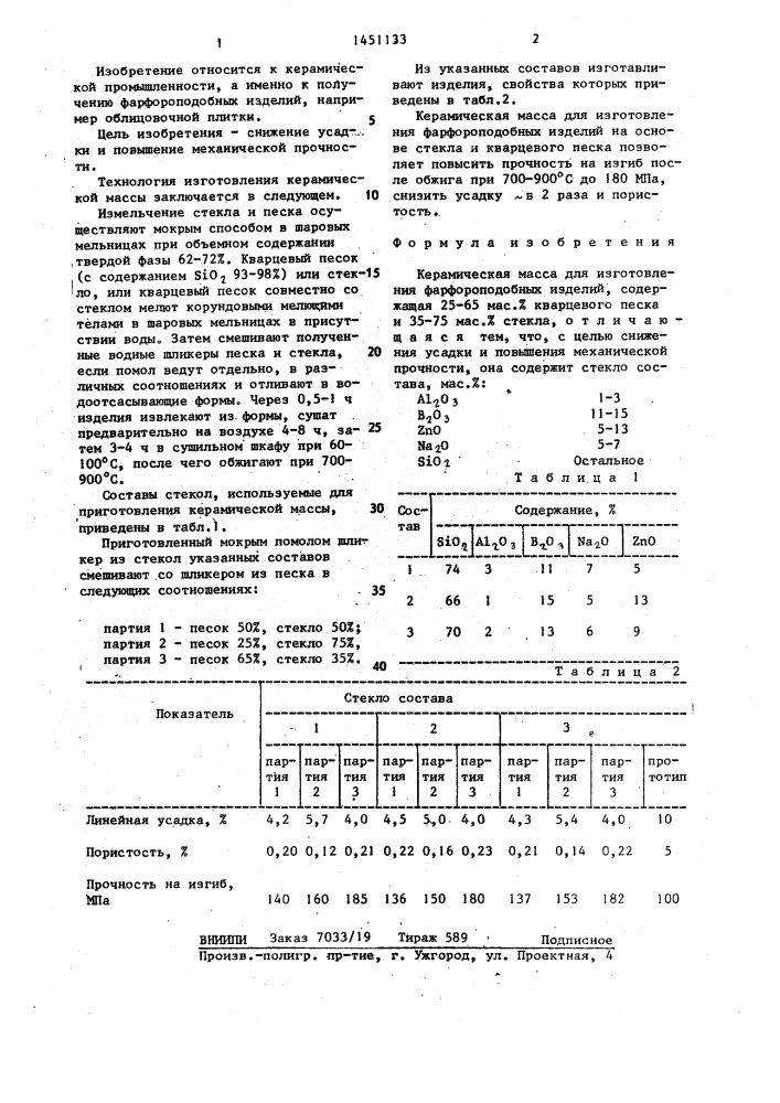 Керамическая масса (патент 1451133)