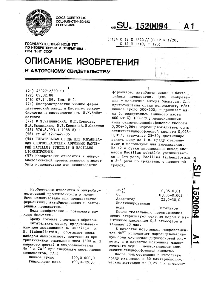 Питательная среда для выращивания спорообразующих аэробных бактерий bacillus suвтilis и bacillus liснеnifоrмis (патент 1520094)